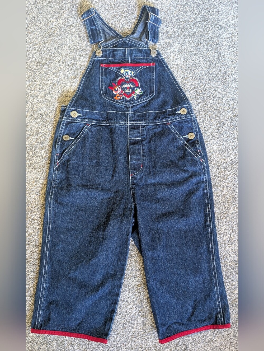 Vintage 2001 Powerpuff Girls Denim Embroidered Overalls Bibs Girl's Small 6 RARE